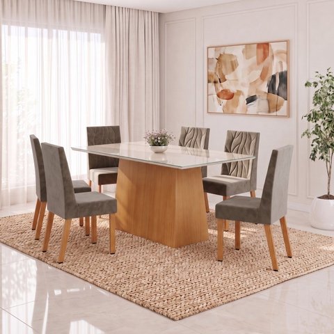 Conjunto Sala de Jantar Mesa Dora 160cm Tampo MDF e Vidro Canto Reto 6 Cadeiras Flavia