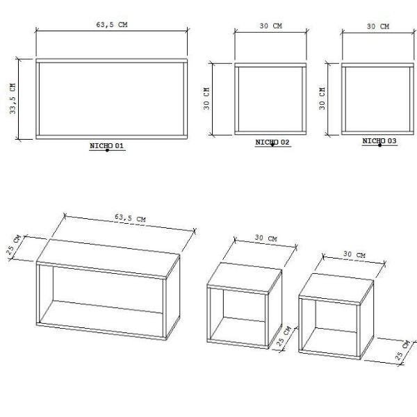 Kit de 3 Nichos Grandes em MDF retangular Amadeirado - Móveis LeBlanc - 3