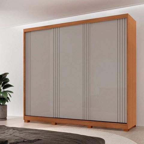 Guarda-Roupa Casal 100% MDF 3 Portas de Correr 2 Gavetas e com Pés Chile Off White/Marromle