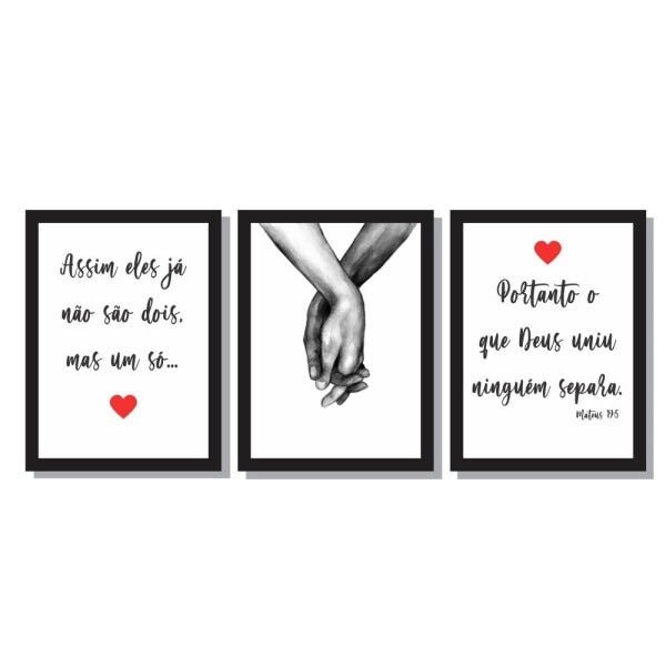 Kit 3 quadros decorativos mãos dadas quarto casal