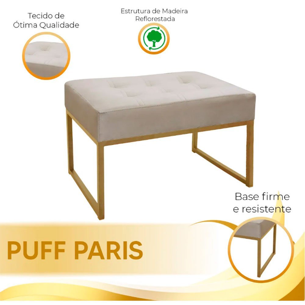 Puff Decorativo para Sala e Quarto Paris Veludo Bege Base Dourado Star Confort - 6