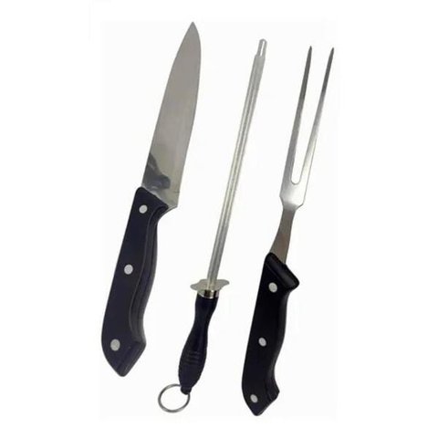 Kit Para Churrasco Faca Chaira Garfo 3 Unidades Jogo Cozinha