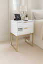 Ver imagem 6 de Kit 2 Mesas Cabeceira Industrial 40cm Branco Eco 2 Gavetas Base Metal Dourado Lateral Cama - Montada