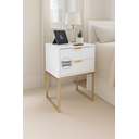 Ver imagem 6 de Kit 2 Mesas Cabeceira Industrial 40cm Branco Eco 2 Gavetas Base Metal Dourado Lateral Cama - Montada