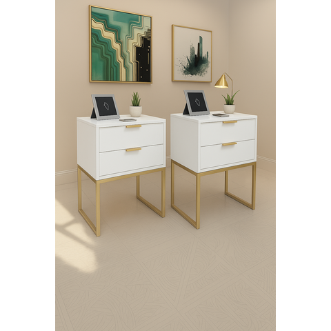 Kit 2 Mesas Cabeceira Industrial 40cm Branco Eco 2 Gavetas Base Metal Dourado Lateral Cama - Montada
