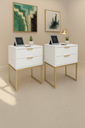 Ver imagem 1 de Kit 2 Mesas Cabeceira Industrial 40cm Branco Eco 2 Gavetas Base Metal Dourado Lateral Cama - Montada