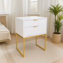 Ver imagem 3 de Kit 2 Mesas Cabeceira Industrial 40cm Branco Eco 2 Gavetas Base Metal Dourado Lateral Cama - Montada