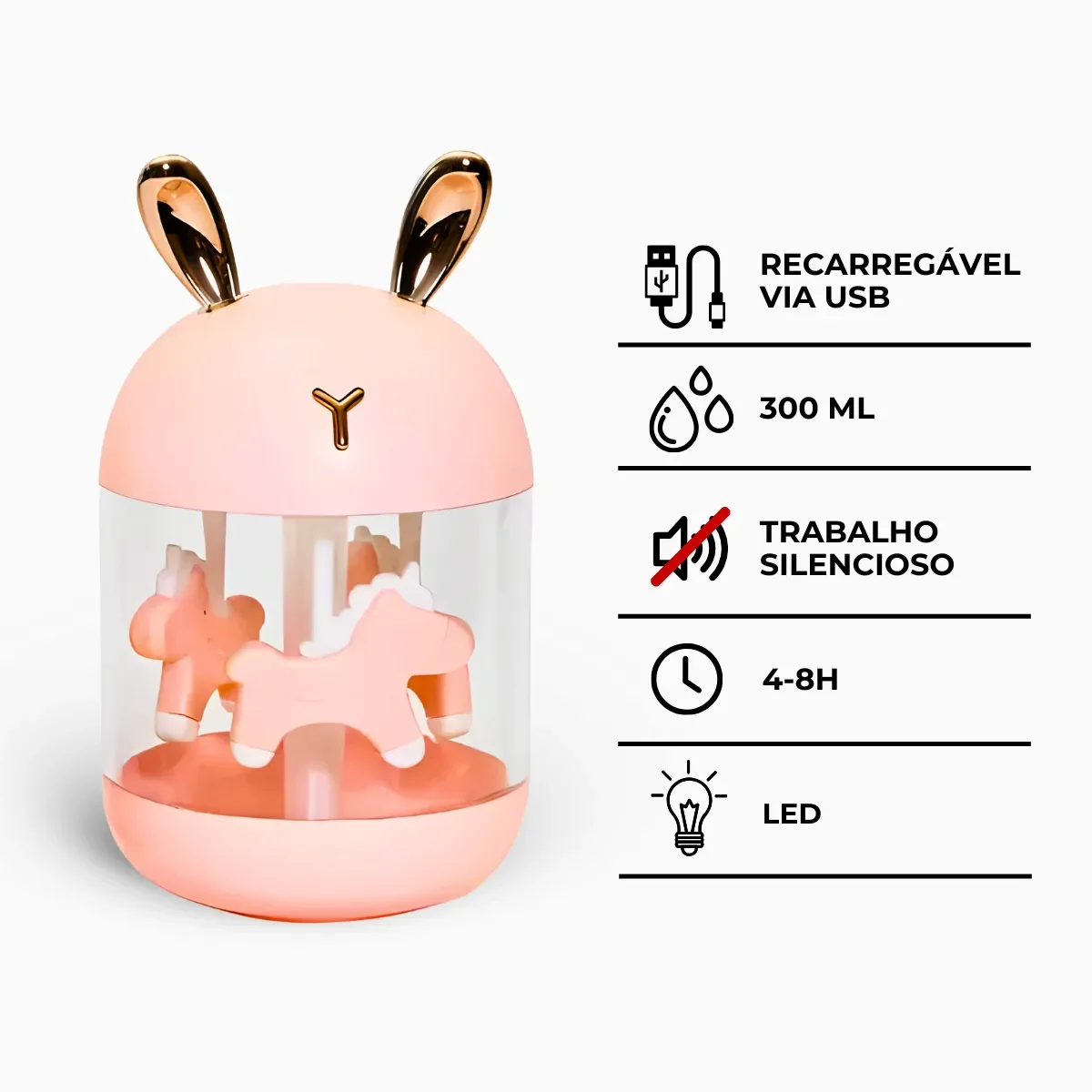Umidificador Encantador Carrossel Luz Suave Led (rosa) - 9
