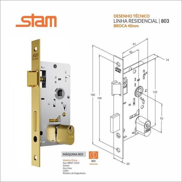 Fechadura Stam Classic 3000 Antares RQ1 Gold Externa 40mm - 3