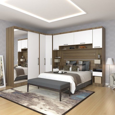 Quarto de Canto Casal com Guarda Roupas com Espelho e Mesas de Cabeceira Paris Luciane Móveis