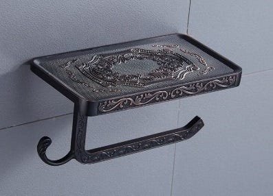 Suporte Papel Higiênico Vintage Preto Com Apoio de Celular - 3
