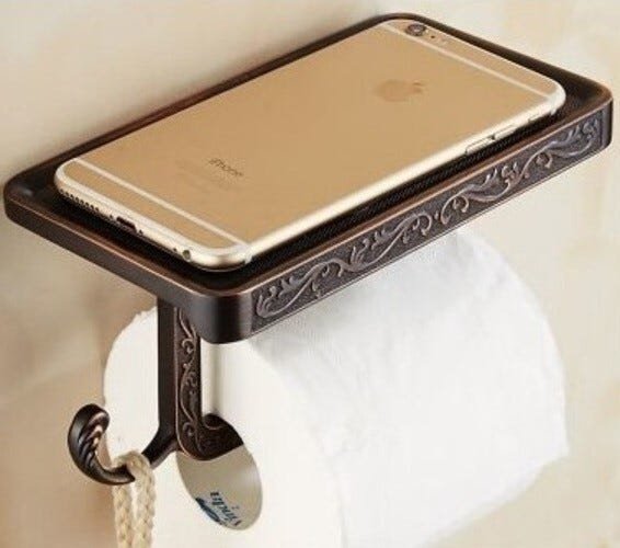 Suporte Papel Higiênico Vintage Preto Com Apoio de Celular - 1