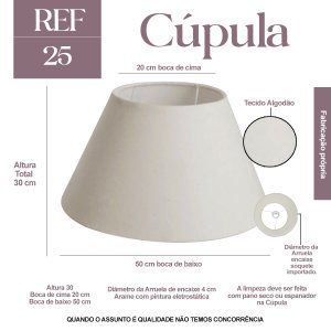 Cúpula de Abajur 30x20x50cm Luminária Tecido Algodão Soquete Importado Cor Bege Ref 25