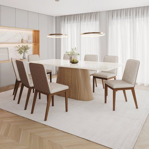 Conjunto Sala de Jantar Mesa com Tampo 100% MDF Vidro e Canto Arredondado com 8 Cadeiras Olívia Off White/Nature/Courano Caramelo/Linho