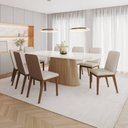 Ver imagem 1 de Conjunto Sala de Jantar Mesa com Tampo 100% MDF Vidro e Canto Arredondado com 8 Cadeiras Olívia Off White/Nature/Courano Caramelo/Linho
