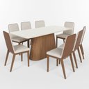 Ver imagem 2 de Conjunto Sala de Jantar Mesa com Tampo 100% MDF Vidro e Canto Arredondado com 8 Cadeiras Olívia Off White/Nature/Courano Caramelo/Linho