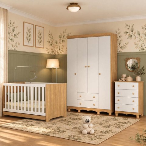 Quarto de Bebê Completo com Berço Americano 3 em 1 p/Colchão 130x70cm Flor Multimóveis MP4938