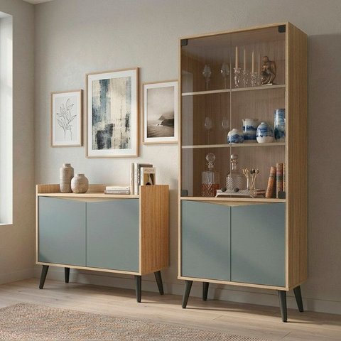 Buffet Aparador 2 Portas Retrô 88cm e Cristaleira Cinza/Amendoa/Acqua