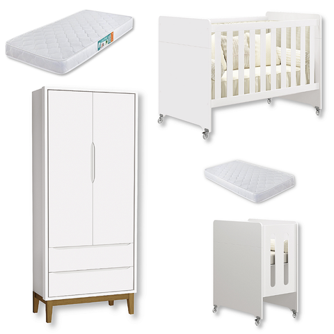Quarto de Bebê Berço Evolution + Guarda Roupa 2 Portas Classic Branco + 2 Colchões
