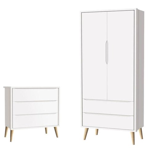 Cômoda Gaveteiro Infantil e Guarda Roupa 2 Portas Theo Branco Acetinado Pés Madeira Natural –