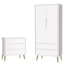 Ver imagem 1 de Cômoda Gaveteiro Infantil e Guarda Roupa 2 Portas Theo Branco Acetinado Pés Madeira Natural –