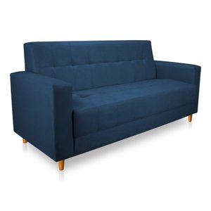 Sofá 03 Lugares 180cm Atenas Suede Azul Marinho Pés Castanho - Pallazio