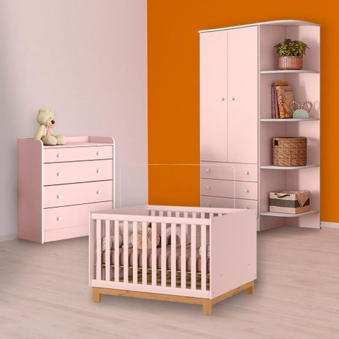 Conjunto Berço Mini Cama Slim, Cômoda Trocador e Guarda Roupa Rosa