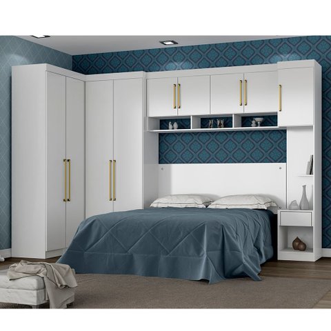 Quarto Modulado de Casal Branco Star Roupeiro 2 Portas + Mesa de Cabeceira + Aéreo