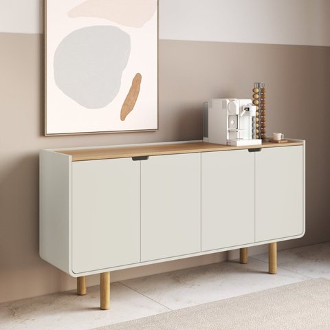 Aparador Buffet Orgânico Curvo 4 Portas 160cm 100% BP com Pés Cilíndricos em Madeira Maciça Aura Branco/Offwhite/Hanover