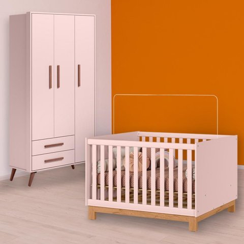 Conjunto Berço Mini Cama Slim e Guarda Roupa Retrô Rosa
