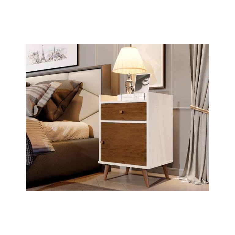 Estilo Retrô Pés Palito Mesa de Cabeceira 1 Gaveta 1 Porta Montana Perola / Caramelo - Comprar Movei