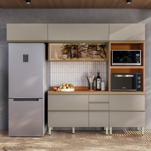 Cozinha Completa Modulada 270cm x 218,5cm Aéreo Rft Tq 4 Peças Proença Bege/Nogueira/Nude Prime