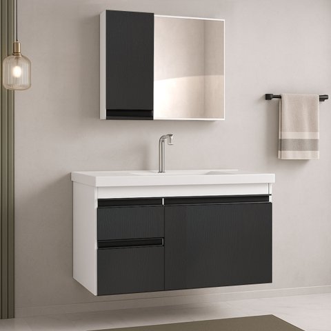 Kit Armário de Banheiro Fimap Gabinete com Cuba Lavatório King 73cm Fimap Branco Grafite