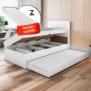 Cama Com Baú Solteiro Com Auxiliar E 2 Colchões Larissa Branco Framar