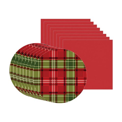 Kit Capa Sousplat + Guardanapo Natal Fundo Xadrez - 8 Peças