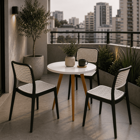 Conjunto Mesa de Jantar Redonda 70cm com 3 Cadeiras Mônaco Rattan - Preto e Branco