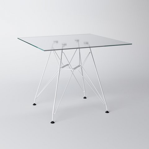 Mesa Eiffel Quadrada 90cm Tampo de Vidro com Base de Ferro Branco