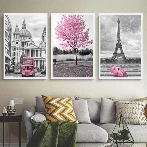 Conjunto 3 Quadros Decorativos Paris E Londres Rosa - 2