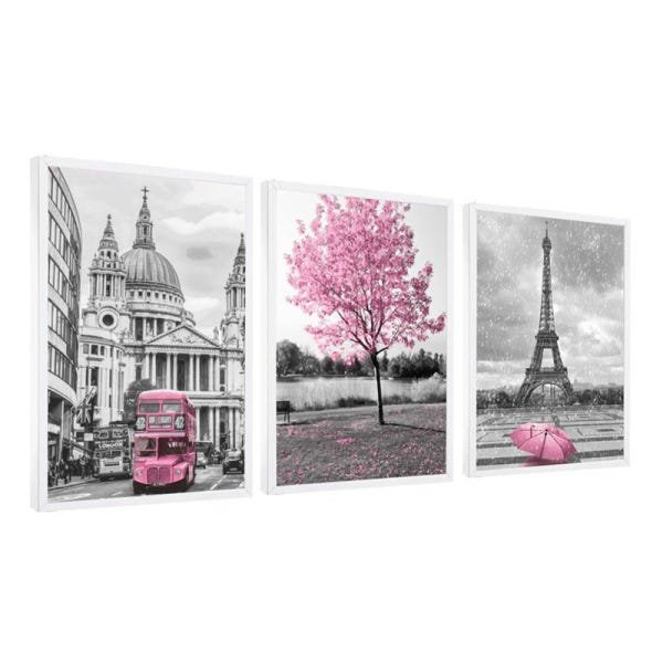 Conjunto 3 Quadros Decorativos Paris E Londres Rosa - 1