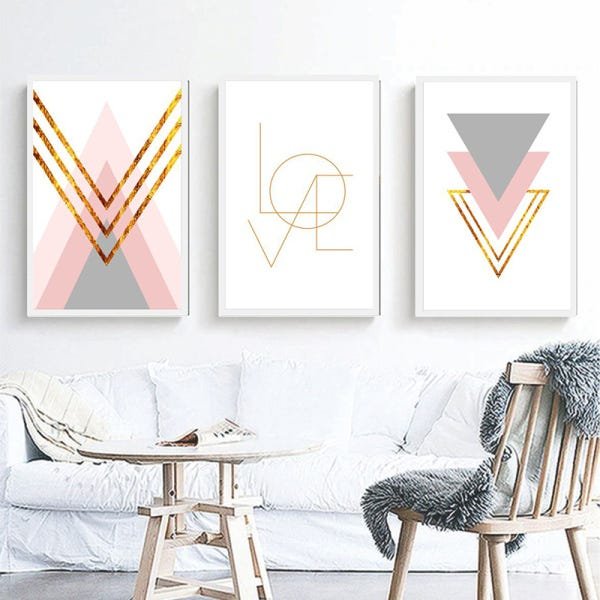 Conjunto 3 Quadros Decorativos Abstrato Love Rosa - 2