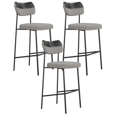 Kit 03 Banquetas Alta Bar Cozinha Sala Jantar Preto Elira L02 Couríssimo Preto Linho Cinza - Lyam