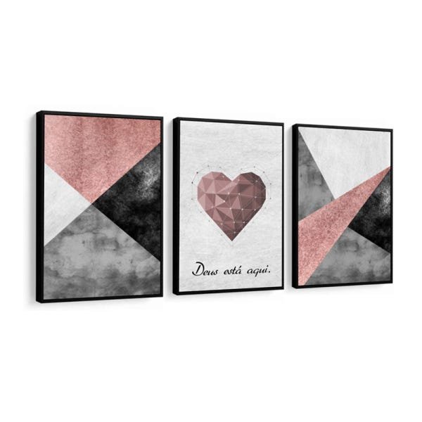 Conjunto 3 Quadros Decorativos Abstrato Com Coração Rosa - 1