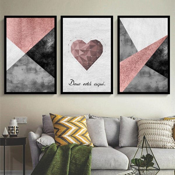 Conjunto 3 Quadros Decorativos Abstrato Com Coração Rosa - 2