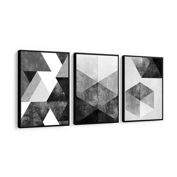 Conjunto 3 Quadros Decorativos Abstrato Tons Preto e Cinza - 1