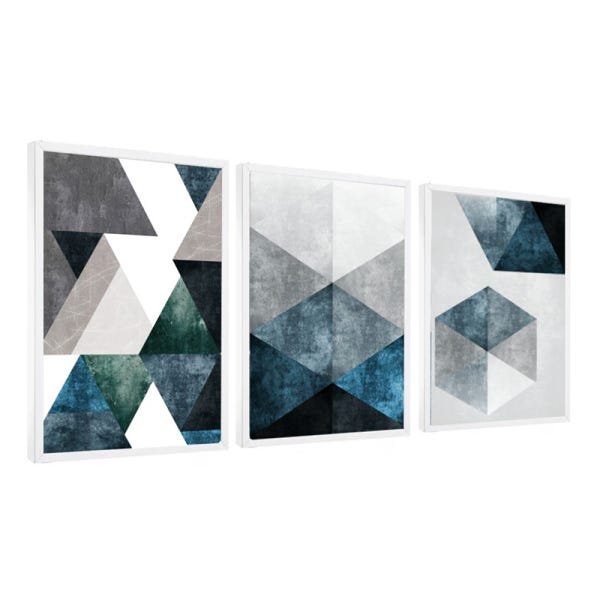 Conjunto 3 Quadros Decorativos Abstrato Tons Azul E Branco - 1