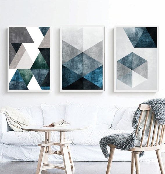 Conjunto 3 Quadros Decorativos Abstrato Tons Azul E Branco - 2