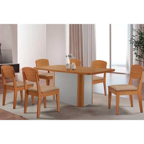 Conjunto: Mesa Sala Jantar Pietá C/ Tampo Madeirado Canto Curvo 180x90cm e 6 Cadeiras Havana