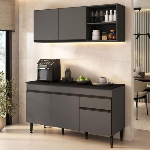 Armário Cozinha Modulada Compacta com Balcão para Pia 150cm Milano Multimóveis MP2331 Grafite