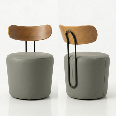 Poltrona Orgânica Redonda Courino Cinza Encosto Madeira Curvo Design Escandinavo Sala Quarto Hall