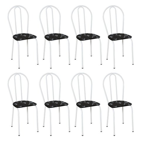 Kit 6 Cadeiras de Cozinha Texas Estampado Preto Florido Pés de Ferro Branco - Pallazio
